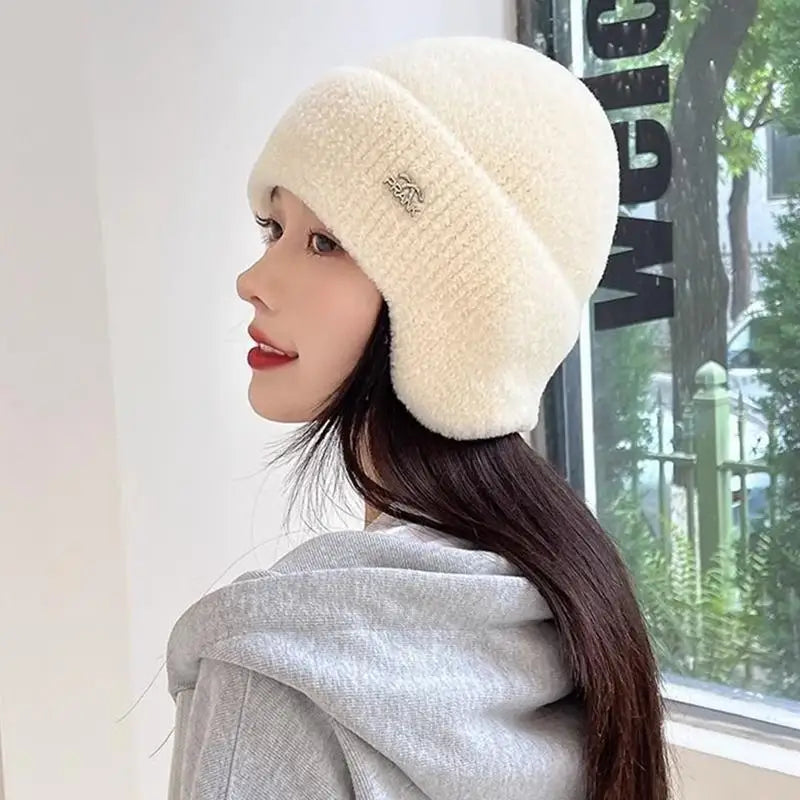 Hot Sale Women Soft Winter Hat Earflap Beanie Hat Streetwear Faux Fur Warm Caps For Female Casual Knitted Hat