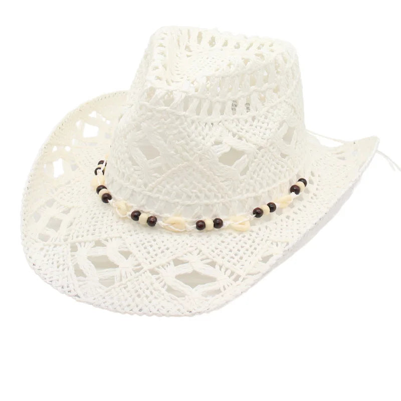 1pc Boho Shell Hollow Out Straw Sun Hat, Western Cowgirl Beach Hat, Suitable For Mother's Day, Easter, Vacation, Photo Shoot