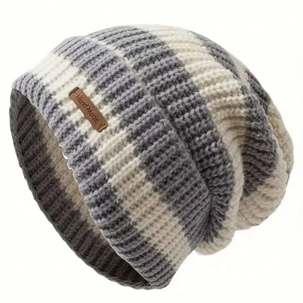 Hot Sale Women Slouchy Winter Hat Fashion Stripe Stitching Beanie Hat Soft Knit Hats Female Streetwear Cap