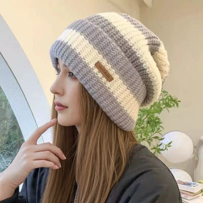 Hot Sale Women Slouchy Winter Hat Fashion Stripe Stitching Beanie Hat Soft Knit Hats Female Streetwear Cap