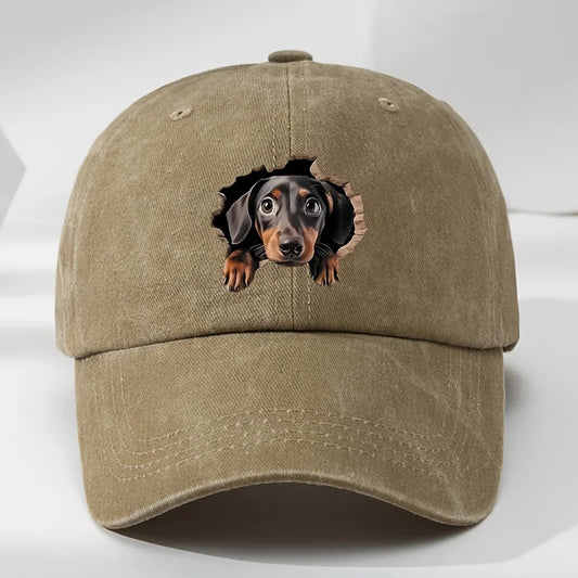 Retro washed baseball cap with playful dog pattern featuring a see through hole design  breathable casual outdoor sports sun hat