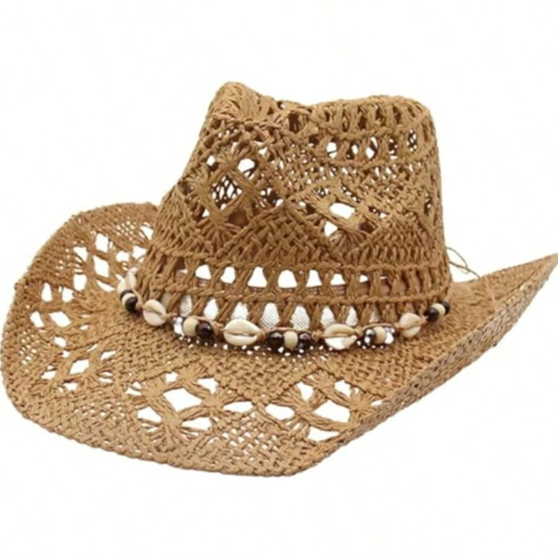1pc Boho Shell Hollow Out Straw Sun Hat, Western Cowgirl Beach Hat, Suitable For Mother's Day, Easter, Vacation, Photo Shoot