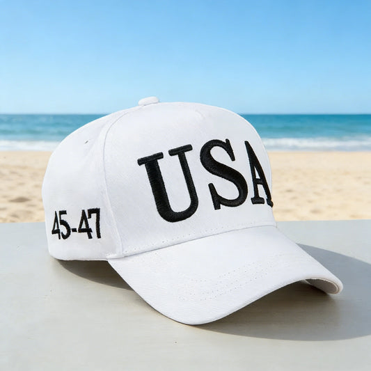 A fashionable white American hat with "45-47" details, perfect for a beach outing, ideal for a leisurely walk by the seaside or