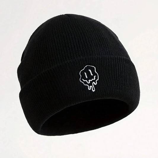 1pc Funny Embroidered Melted Smiling Face Men's Knitted Brimless Hat Autumn Winter Beanie Warm Caps comfortable