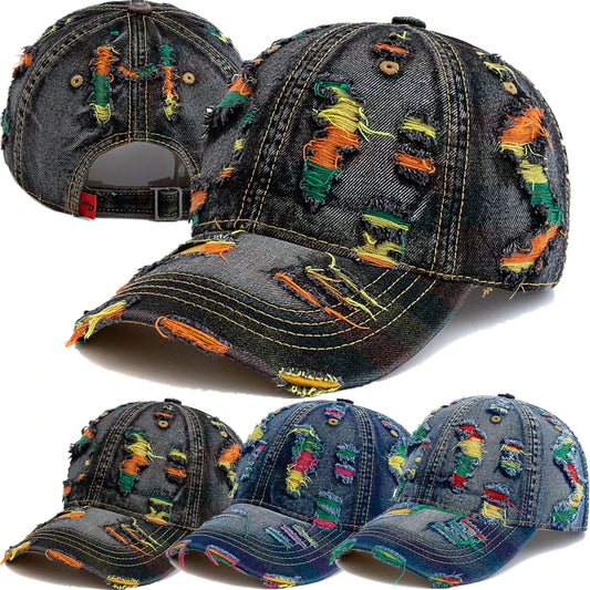 New Style Women Cap Tear Style Hole Vintage Colorful Lines Baseball Caps Female Casual Outdoor Streetwear Denim Hat