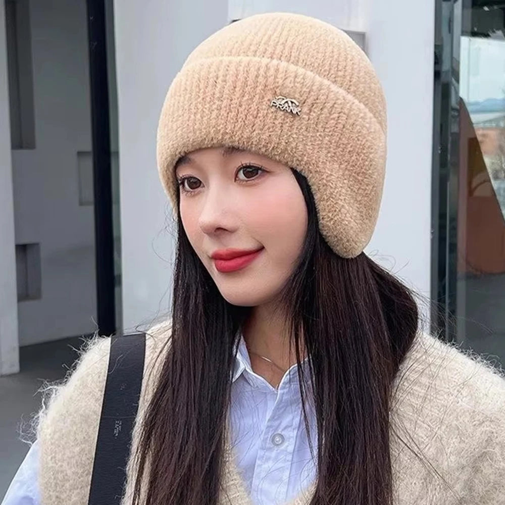 Hot Sale Women Soft Winter Hat Earflap Beanie Hat Streetwear Faux Fur Warm Caps For Female Casual Knitted Hat