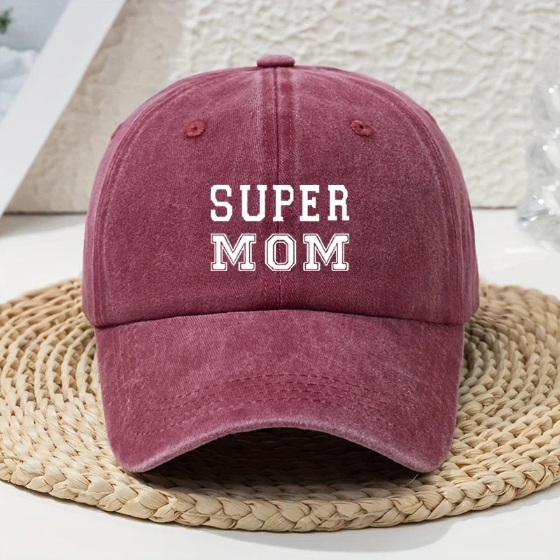 Super Mom letter printed vintage washed baseball cap with soft top and outdoor curved brim casual headpiece