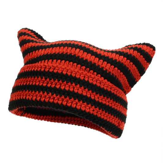 1pc Little Devil Striped Knitted Hat,big Head Circumference Knitted Hat,cute Cat Ears Pointed Hat,head Protector Hat for Parties