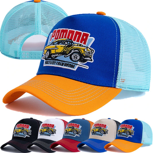 New Style Unisex Summer Fishing Cap Breathable Mesh Trucker Hat Men Women Big Truck Embroidered Pattern Snapback Outdoor Hat