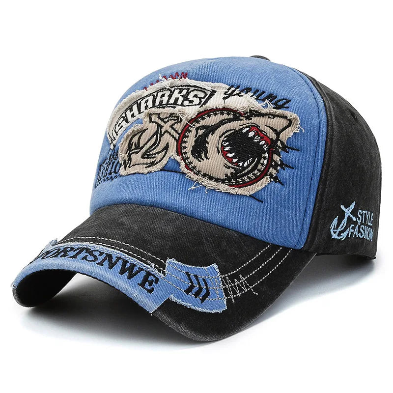 Unisex Washed Cotton Vintage Cap SHARKS Embroidery Baseball Cap Men And Women Outdoor Sports Hats