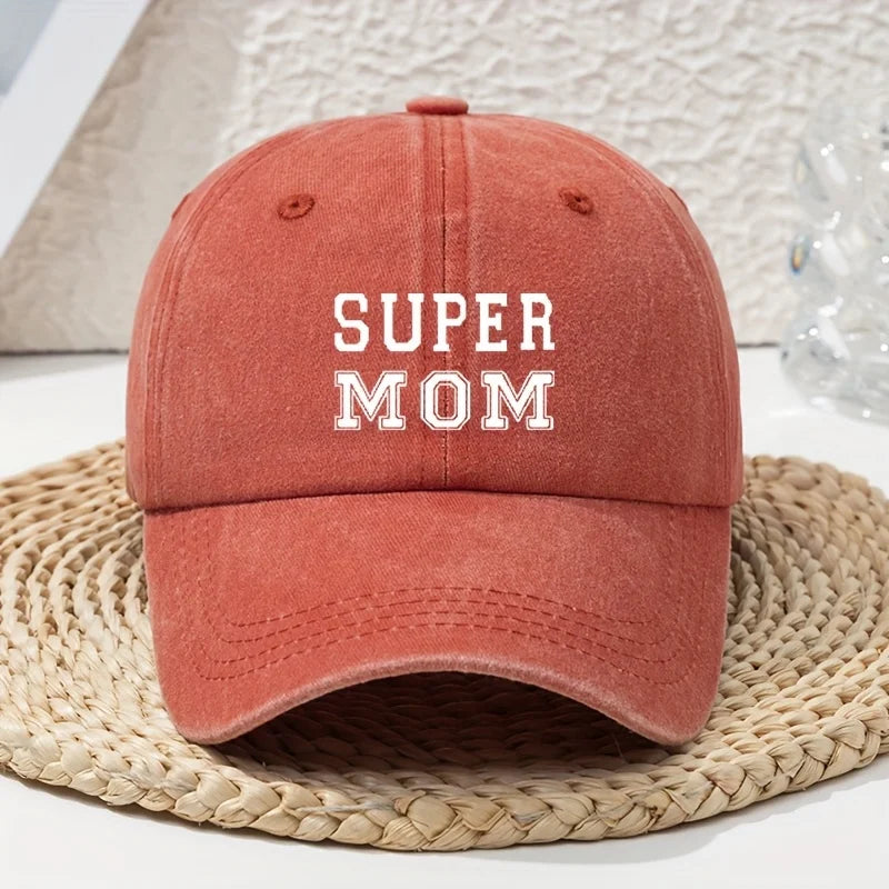 Super Mom letter printed vintage washed baseball cap with soft top and outdoor curved brim casual headpiece