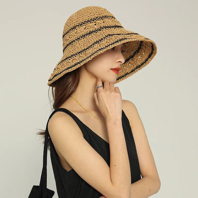 1pc Women's Bohemian Elegant Straw Visor Hat Summer Panama Straw Bags Summer Straw or Wicker Cap Bucket Sun Hat Stripe Sun Visor