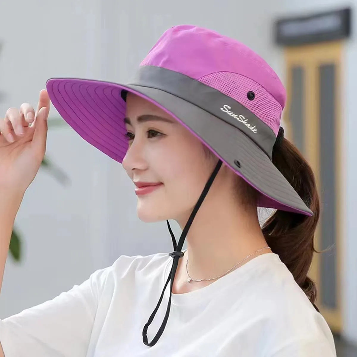 Women Large Brim With Leaking Ponytail Quick Drying Bucket Hats Fishermen Caps Outdoor Casual Cap Women Sunscreen Hat