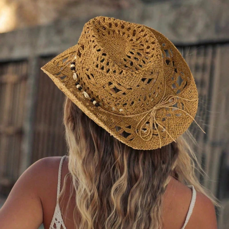 1pc Boho Shell Hollow Out Straw Sun Hat, Western Cowgirl Beach Hat, Suitable For Mother's Day, Easter, Vacation, Photo Shoot
