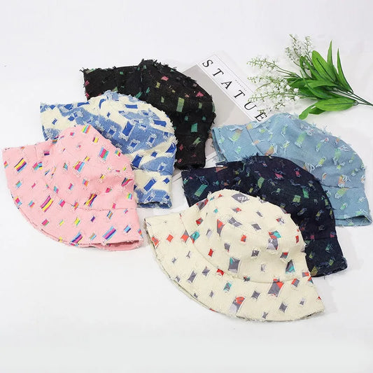 Fashion Women Men Washed Denim Ripped Bucket Hats Cool Lady Male Outdoor Panama Fisherman Cap Sun Hat For Women Men