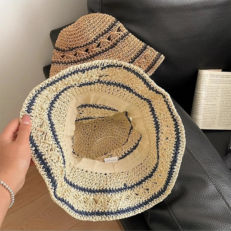 1pc Women's Bohemian Elegant Straw Visor Hat Summer Panama Straw Bags Summer Straw or Wicker Cap Bucket Sun Hat Stripe Sun Visor