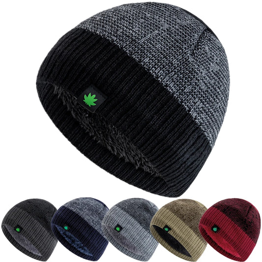 New Style Unisex Leaf Labal Winter Hats Fashion Knitted Hats For Men Women Beanie Cap Outdoor Plush Fur Lined Warm Sports Hats
