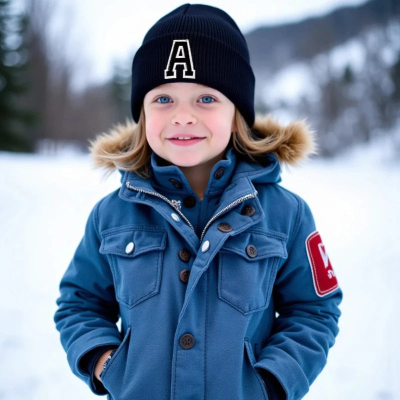 1PC Children's Solid Color Knitted Hat with 26 Letters,Boys&Girls Warm Ear Protection Beanies,Outdoor Daily Outdoor Cycling.