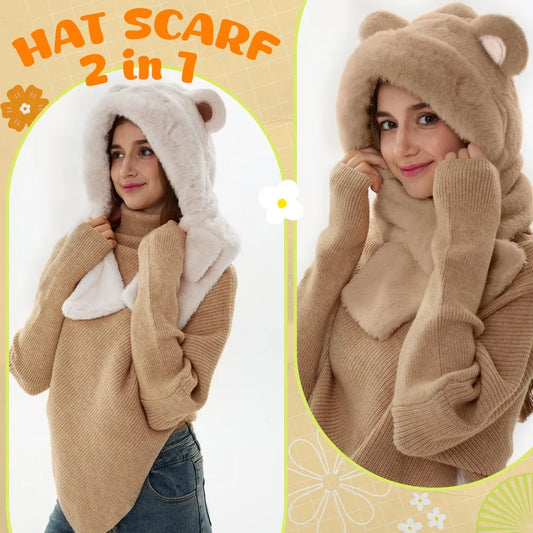 1pc Hat and Neck Integrated Set for Women Winter Warm Hooded Warm Scarf Fluffy Soft Bear Warmer Neck 2-in-1 Hat for Cold Weather