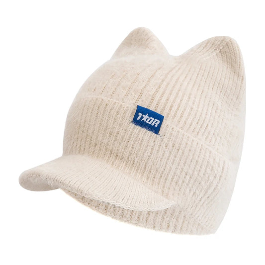 New Women Candy Colors Winter Hat Fashion Faux Fur Knitted Hat Soft Cat Ear Beanie Hats Female Streetwear Cap