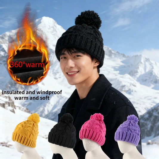 1pc Winter Warmth Unisex Knitted Beanie Hat Satin Lined Faux Fur Pom Pom Beanies Hat for Women Winter Warm Knit Hat for Outdoor