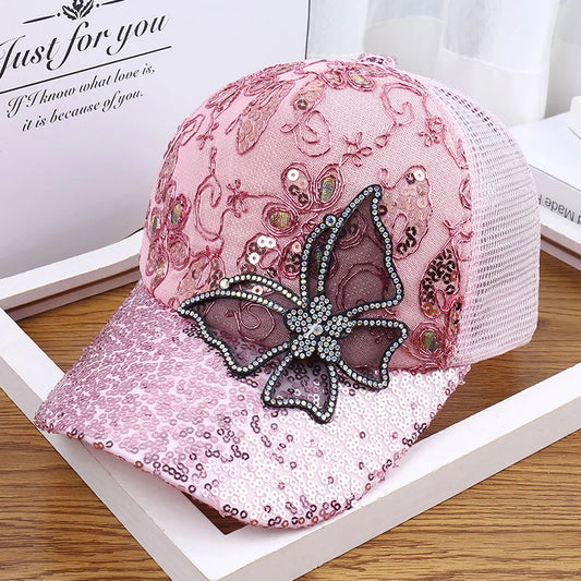 Sparkling duckbill cap, women's fashionable rhinestone butterfly baseball cap, summer breathable sunshade mesh hat