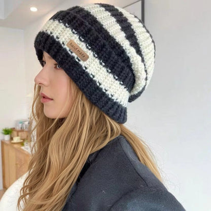 Hot Sale Women Slouchy Winter Hat Fashion Stripe Stitching Beanie Hat Soft Knit Hats Female Streetwear Cap