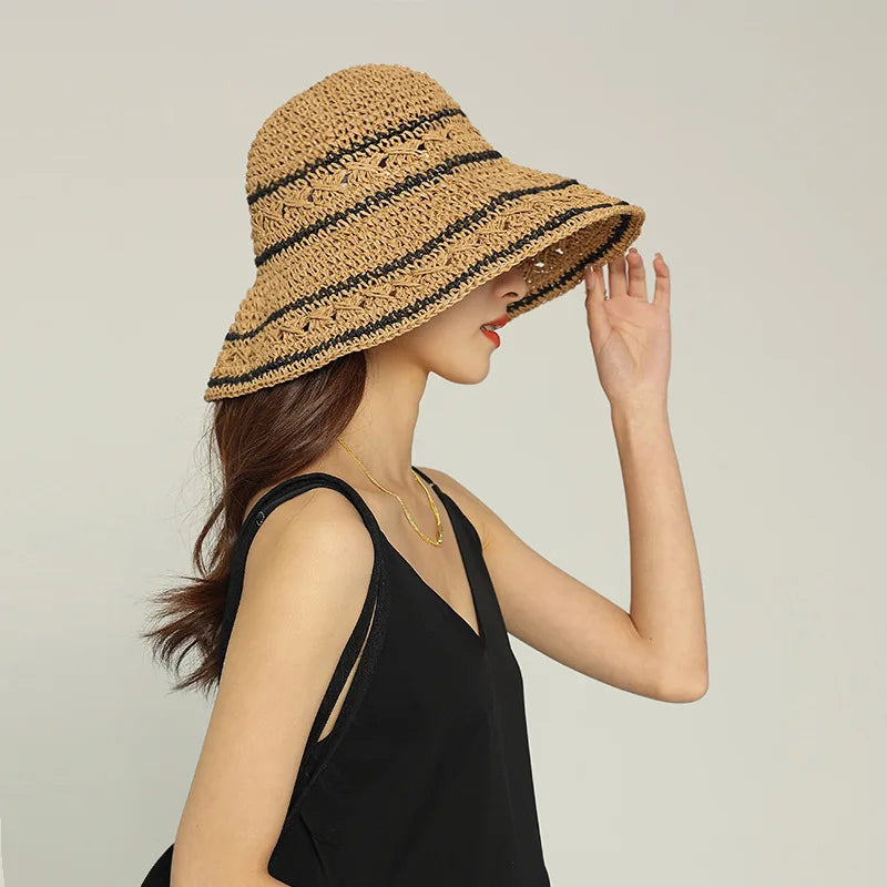 1pc Women's Bohemian Elegant Straw Visor Hat Summer Panama Straw Bags Summer Straw or Wicker Cap Bucket Sun Hat Stripe Sun Visor