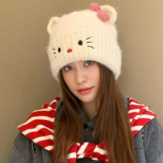 Hot Sale Women Loose Beanie Hat With Cute Cat Ear Lovely Bow Style Winter Knitted Hats For Female Streetwear Winter Hat