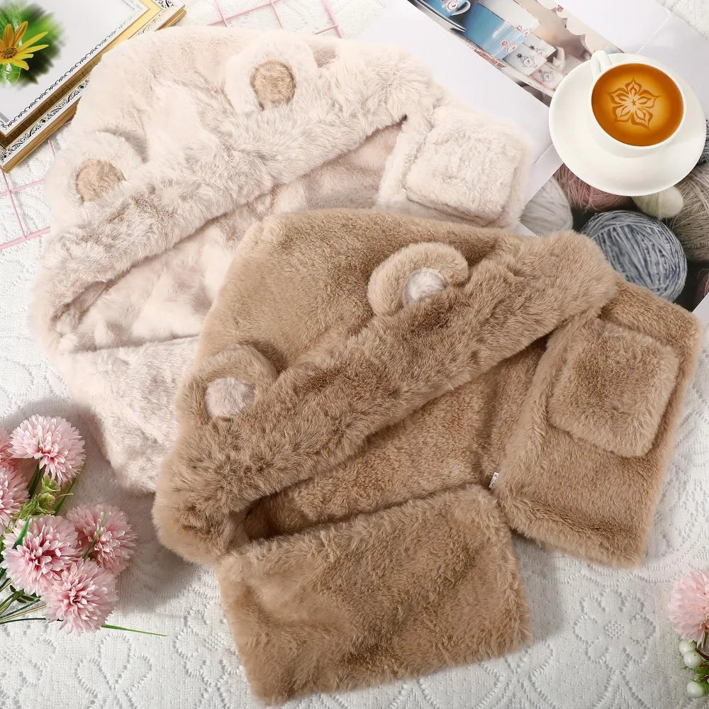 1pc Hat and Neck Integrated Set for Women Winter Warm Hooded Warm Scarf Fluffy Soft Bear Warmer Neck 2-in-1 Hat for Cold Weather