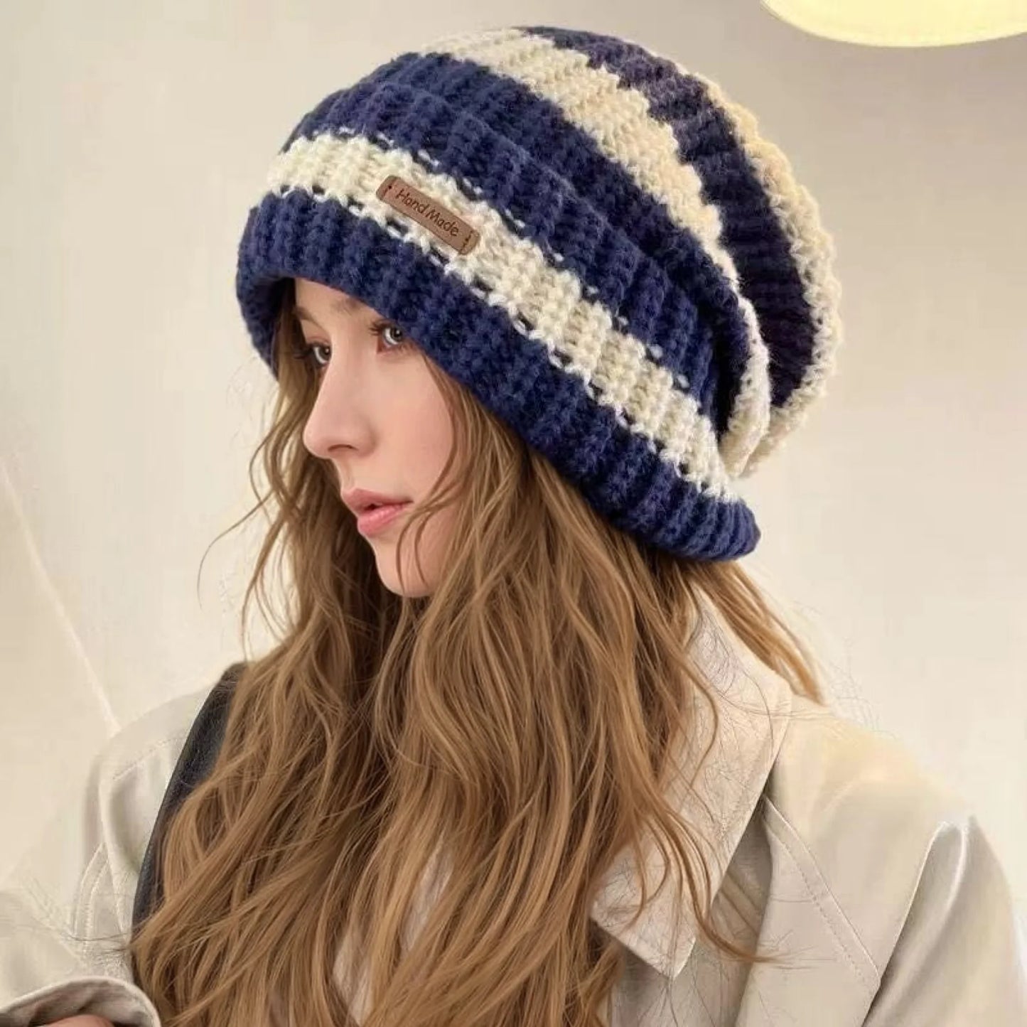 Hot Sale Women Slouchy Winter Hat Fashion Stripe Stitching Beanie Hat Soft Knit Hats Female Streetwear Cap