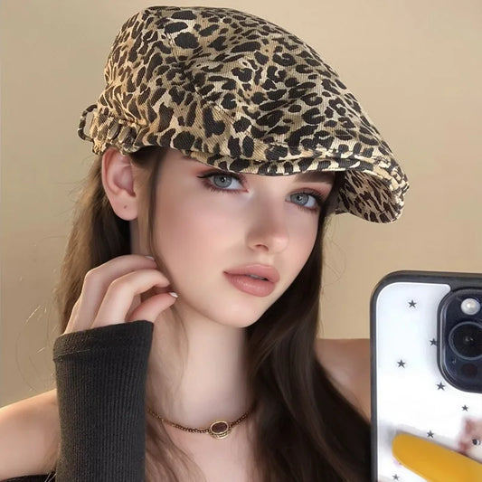 Retro leopard print beret, denim print, male and female artist's hat, artistic and casual forward hat, suitable for all seasons