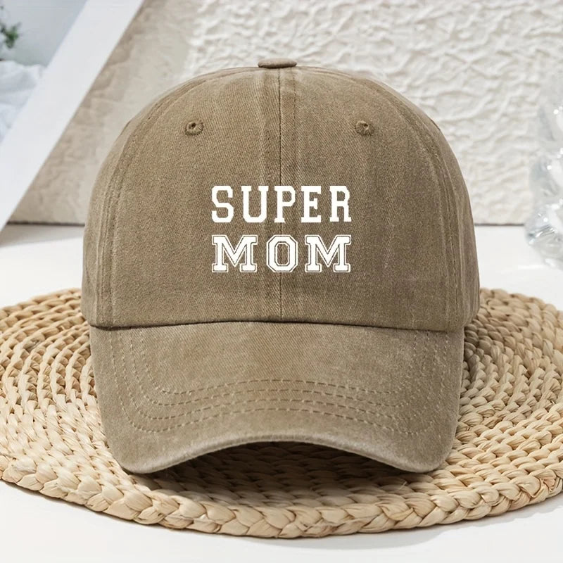 Super Mom letter printed vintage washed baseball cap with soft top and outdoor curved brim casual headpiece