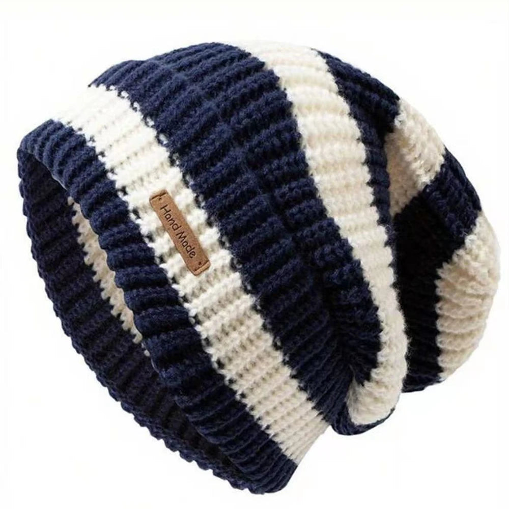Hot Sale Women Slouchy Winter Hat Fashion Stripe Stitching Beanie Hat Soft Knit Hats Female Streetwear Cap