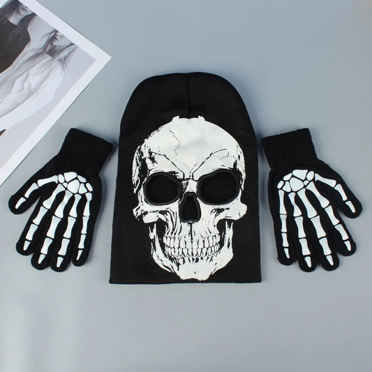 Black and white skull gloves and hats for men and women Halloween party dress up suitable for outdoor windproof and warm keeping