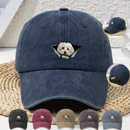 1pc Women's Cartoon Hole-Punched White Dog Print Accessories Washed Baseball Cap Unisex Dad Hat Soft Top Outdoor Curved Brim Hat