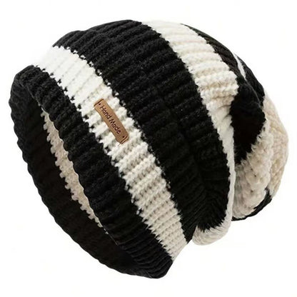 Hot Sale Women Slouchy Winter Hat Fashion Stripe Stitching Beanie Hat Soft Knit Hats Female Streetwear Cap