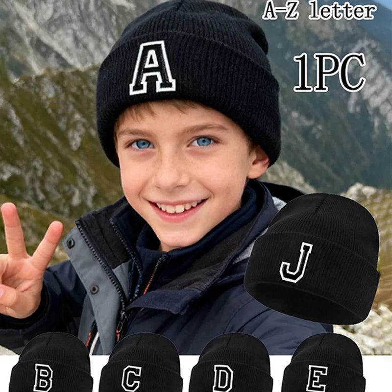 1PC Children's Solid Color Knitted Hat with 26 Letters,Boys&Girls Warm Ear Protection Beanies,Outdoor Daily Outdoor Cycling.