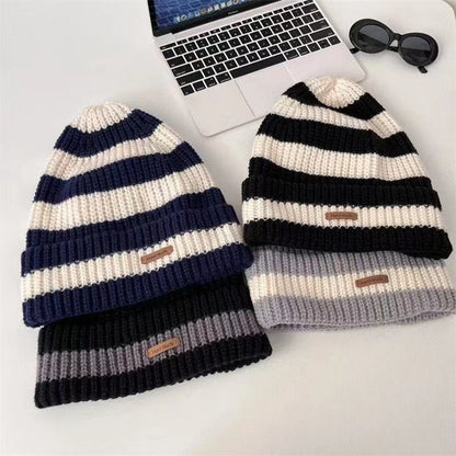 Hot Sale Women Slouchy Winter Hat Fashion Stripe Stitching Beanie Hat Soft Knit Hats Female Streetwear Cap