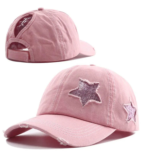 2024 New Star Hollow Out Tail Baseball Cap for Ponytail Snapback Hat  Women Hip Hop Adjustable Distressed Hats Casquettes Femmes