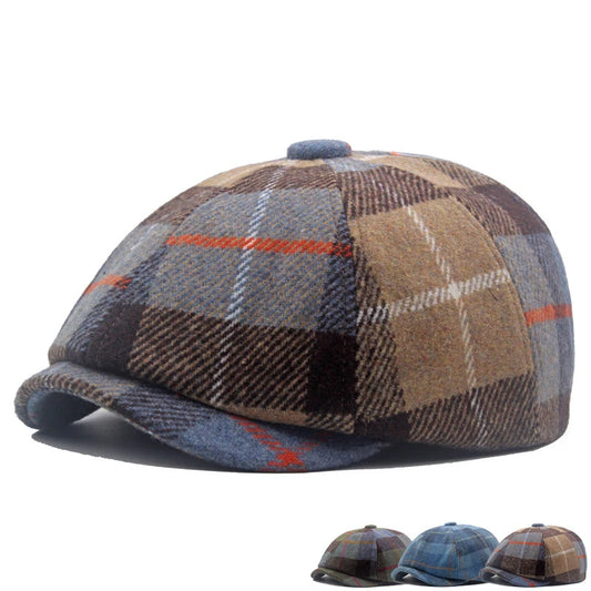 Cross border plaid beret hat, autumn and winter warm blend forward hat, men's and women's newsboy hat, octagonal hat