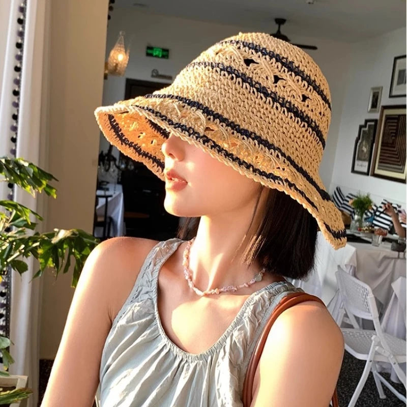 1pc Women's Bohemian Elegant Straw Visor Hat Summer Panama Straw Bags Summer Straw or Wicker Cap Bucket Sun Hat Stripe Sun Visor