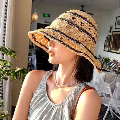 1pc Women's Bohemian Elegant Straw Visor Hat Summer Panama Straw Bags Summer Straw or Wicker Cap Bucket Sun Hat Stripe Sun Visor