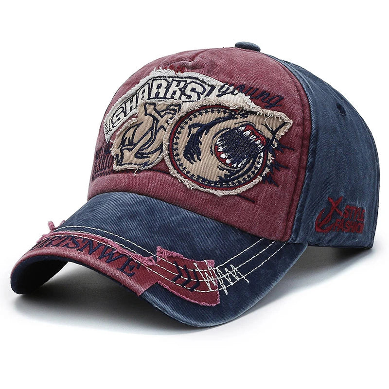 Unisex Washed Cotton Vintage Cap SHARKS Embroidery Baseball Cap Men And Women Outdoor Sports Hats