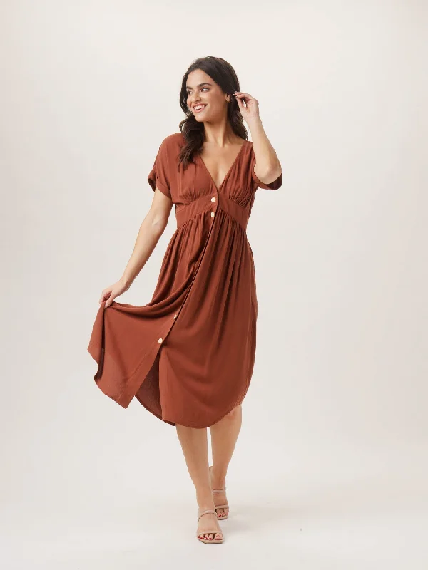 Super Bargain Deep V Button Thru Dress in Clay