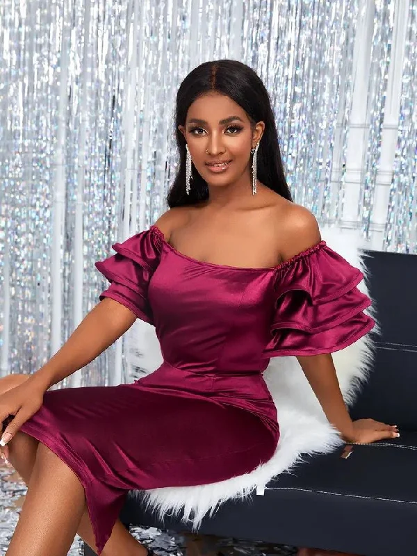 Amazing Deals Women Satin Party Dress Slash Neck Short Puff Sleeve Shoulder Bodycon Clubwear Summer Event S4653623