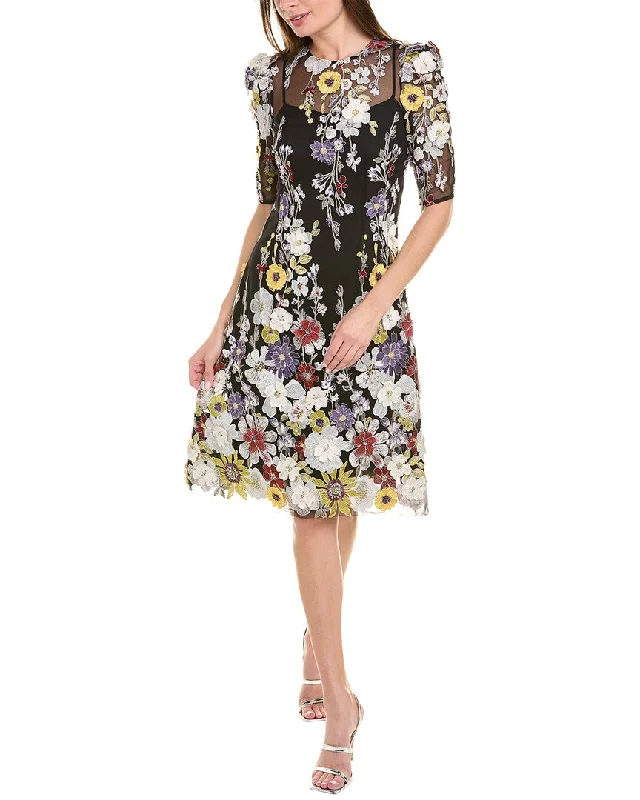 Online Only Teri Jon by Rickie Freeman Embroidered Floral A-Line Dress