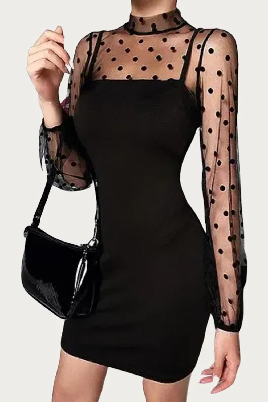 Daily Deals Polka Dot Mesh Sleeve Mini Dress In Black