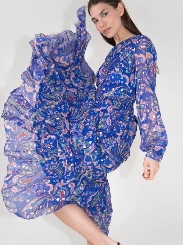 Warehouse Sale Dianora Chiffon Long Sleeved Maxi Dress - Paisley Blue
