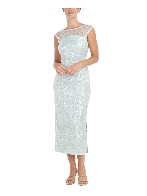 Can't Miss JS COLLECTIONS Womens Aqua Lined Zippered Cap Sleeve Boat Neck Midi Evening Sheath Dress